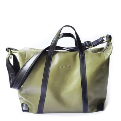 City Bag "Helga" Leder Olivegrün/Schwarz mit Reissverschluss und Schulterriemen
