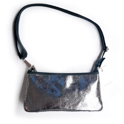 Kleine Handtasche "Theresa" Leder Silber/Schwarz mit Reissverschluss und Schulterriemen