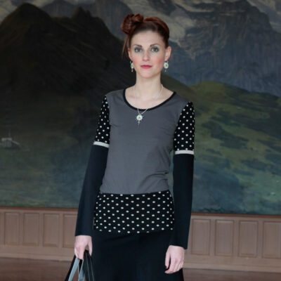 Shirt Langarm Geteilt Grau Schwarz/Polka mit Rundhals